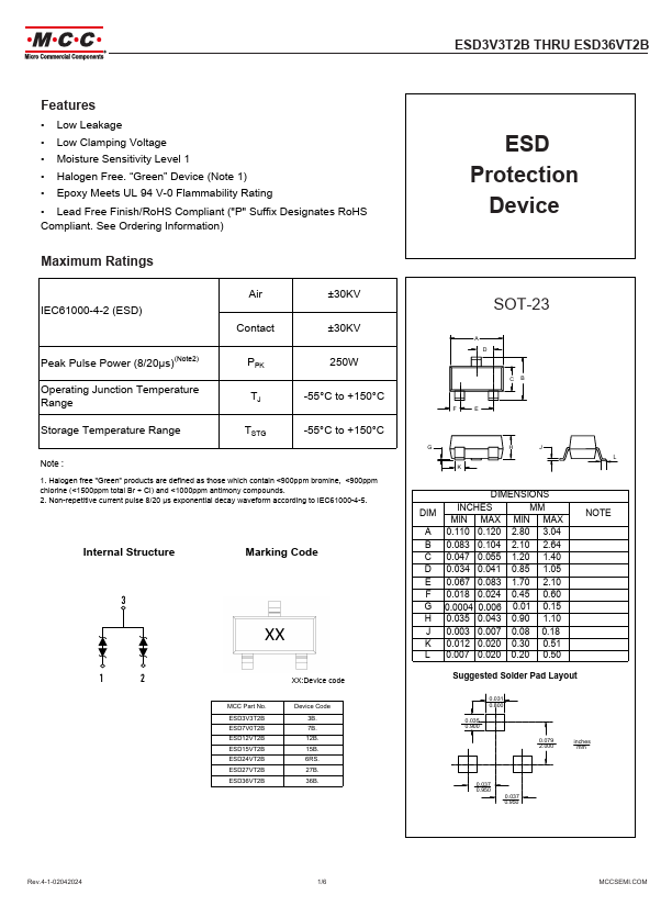 ESD7V0T2B ESD Protection Device by MCC - Datasheet Preview