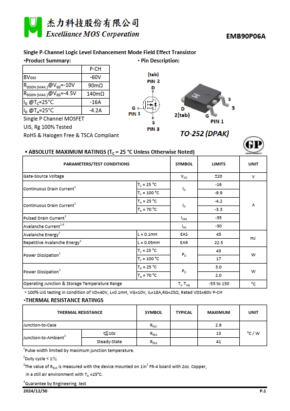 EMB90P06A Single P-Channel Logic Level Enhancement Mode Field Effect Transistor by Excelliance MOS - Datasheet Preview