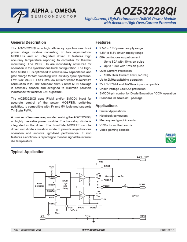 AOZ53228QI High-Current High-Performance DrMOS Power Module by Alpha & Omega Semiconductors - Datasheet Preview