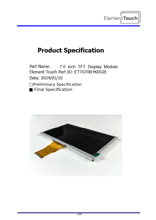 ETT070B1KRGB 7.0 inch TFT Display Module by Element Touch - Datasheet Preview