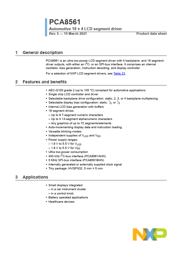 PCA8561 Automotive 18 x 4 LCD segment driver by NXP - Datasheet Preview