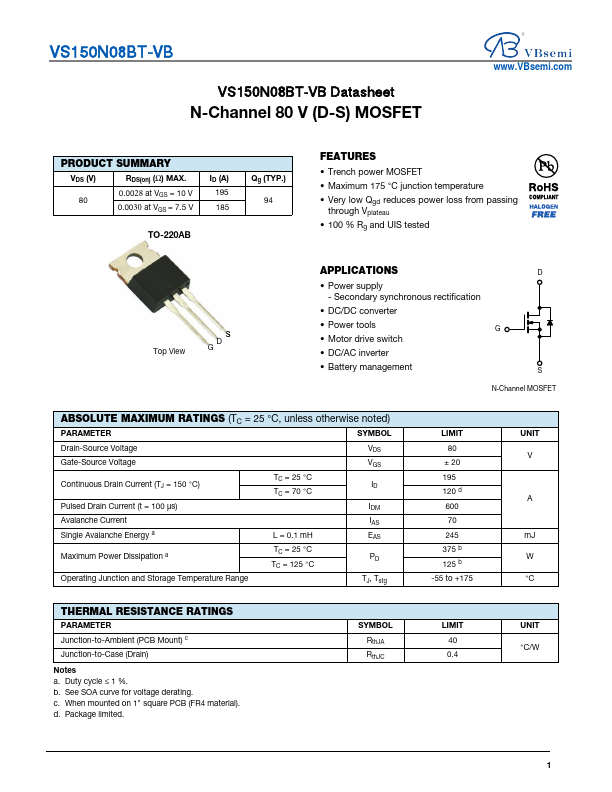 VS150N08BT Datasheet Preview