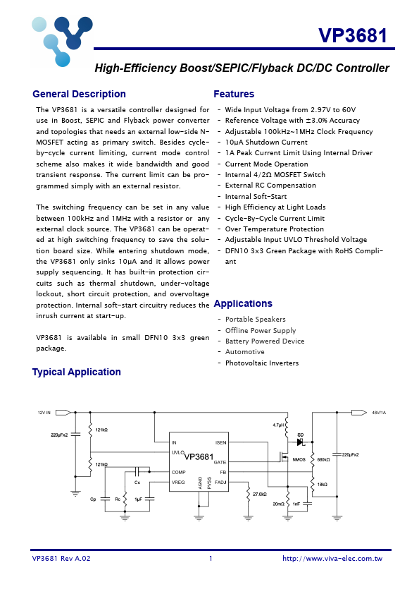 VP3681 High-Efficiency Boost/SEPIC/Flyback DC/DC Controller by Viva Electronics - Datasheet Preview
