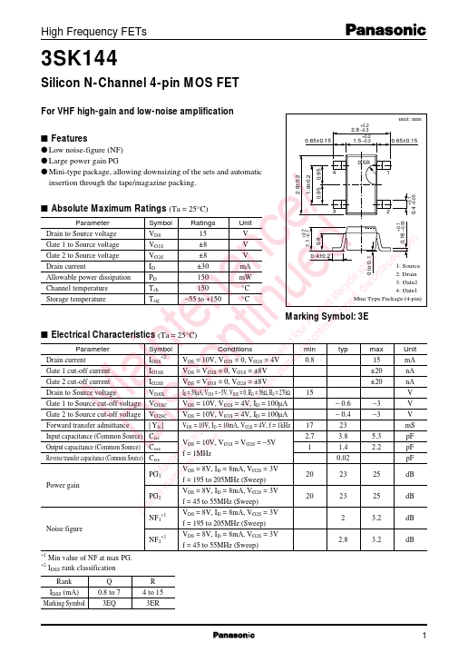 3SK144 Silicon N-Channel 4-pin MOS FET by Panasonic - Datasheet Preview