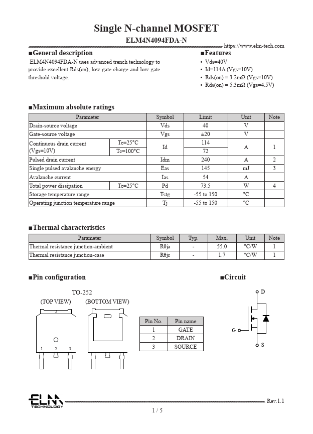 ELM4N4094FDA-N Single N-channel MOSFET by ELM - Datasheet Preview