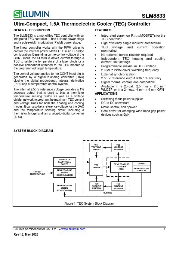 SLM8833 1.5A Thermoelectric Cooler Controller by Sillumin - Datasheet Preview