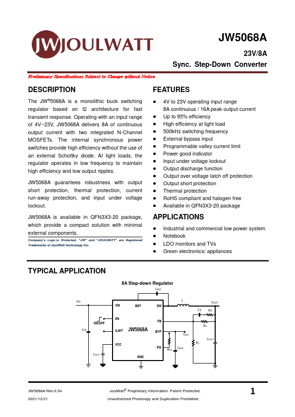 JW5068A 23V/8A Step-Down Converter by JoulWatt - Datasheet Preview