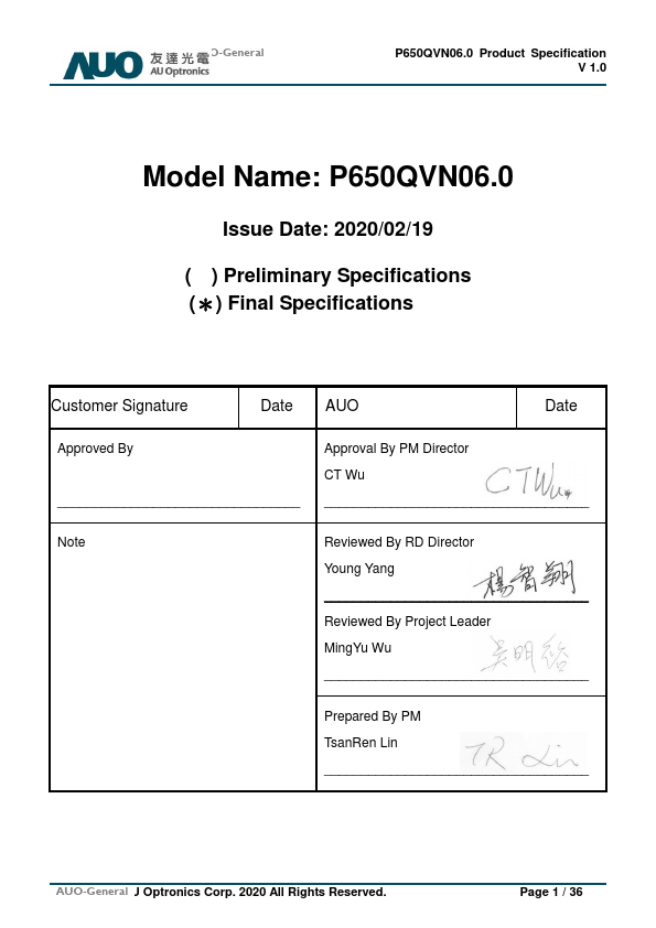 P650QVN06.0 Datasheet Preview