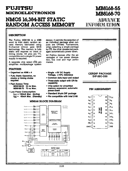 MB8168-70 NMOS STATIC RANDOM ACCESS MEMORY by Fujitsu - Datasheet Preview