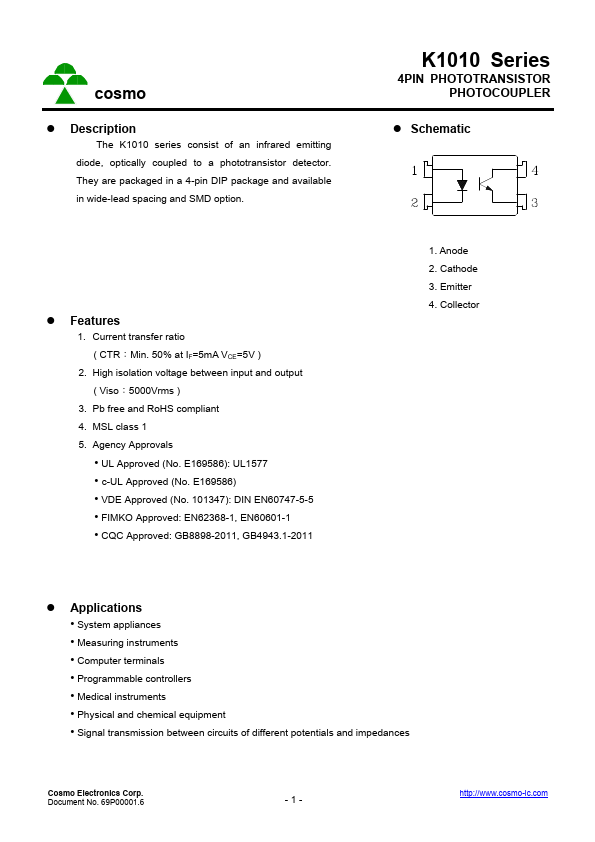 K1010D 4PIN PHOTOTRANSISTOR PHOTOCOUPLER by Cosmo - Datasheet Preview