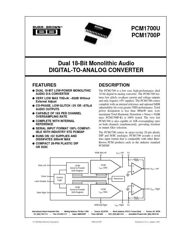 PCM1700U dual 18-bit digital-to-analog converter by Burr-Brown - Datasheet Preview
