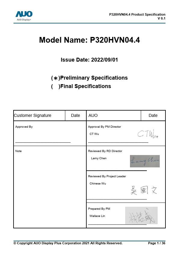 P320HVN04.4 Datasheet Preview