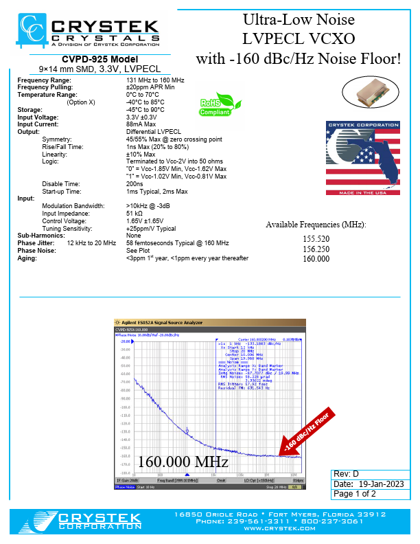 CVPD-925 Ultra-Low Noise LVPECL VCXO by CRYSTEK - Datasheet Preview
