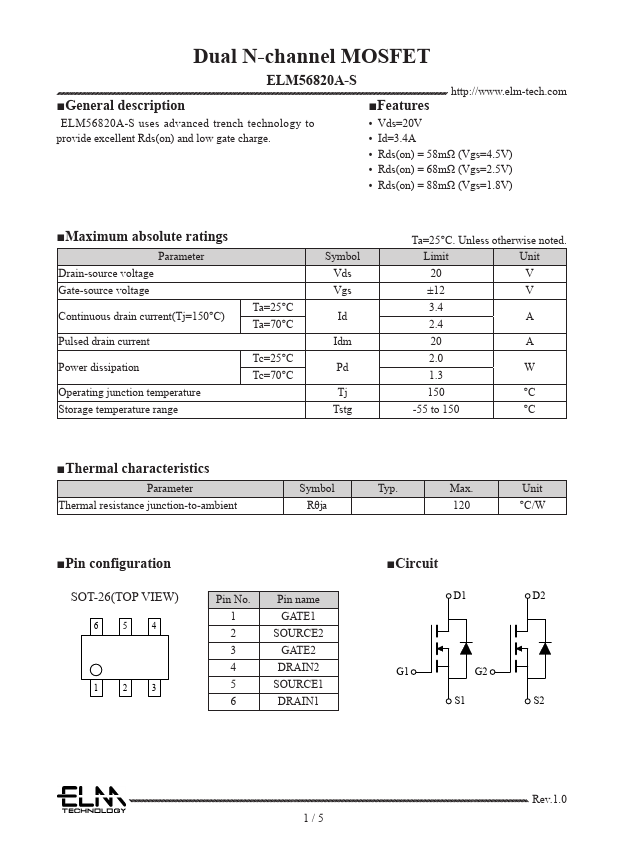 ELM56820A-S Dual N-channel MOSFET by ELM - Datasheet Preview