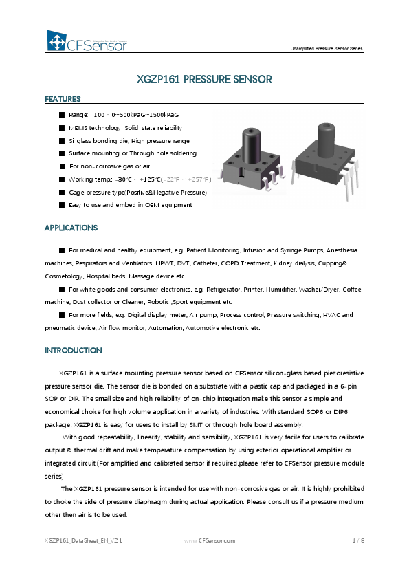 XGZP161 Unamplified Pressure Sensor by CFSensor - Datasheet Preview