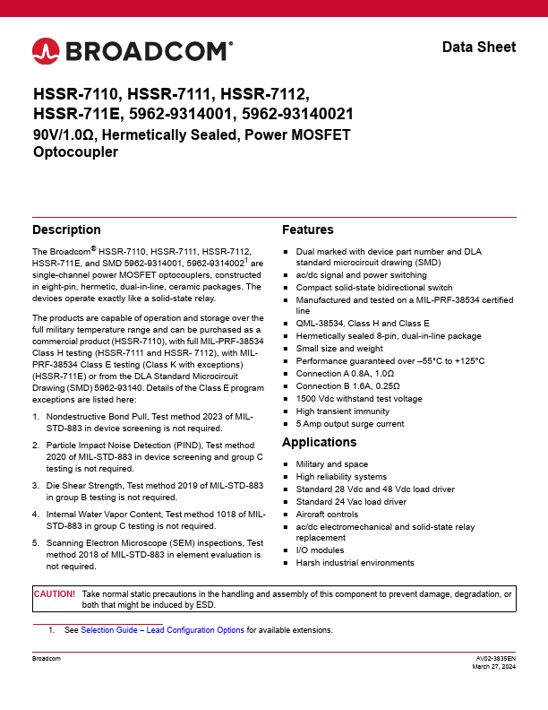 5962-9314001 Power MOSFET Optocoupler by Broadcom - Datasheet Preview