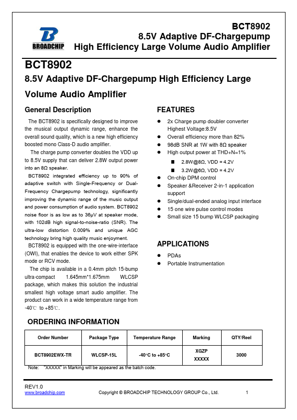 BCT8902 8.5V Adaptive DF-Chargepump High Efficiency Large Volume Audio Amplifier by BROADCHIP - Datasheet Preview