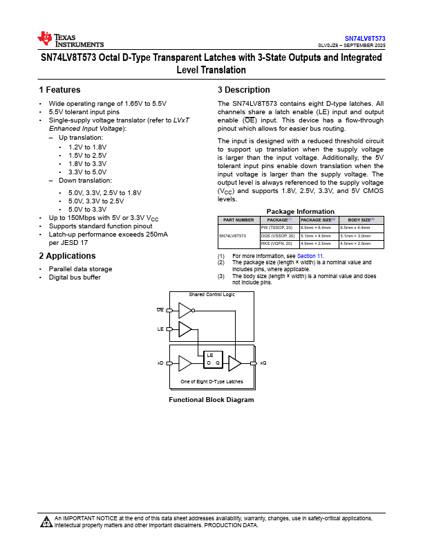 SN74LV8T573 Octal D-Type Transparent Latches by Texas Instruments - Datasheet Preview