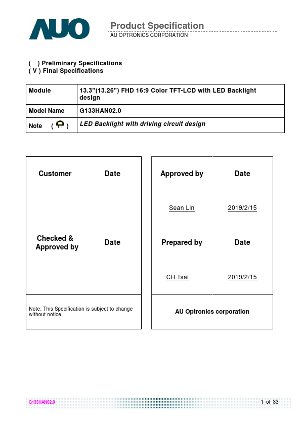 G133HAN02.0 Datasheet Preview