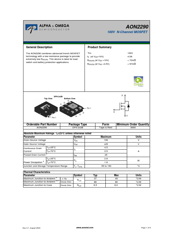 AON2290 100V N-Channel MOSFET by Alpha & Omega Semiconductors - Datasheet Preview