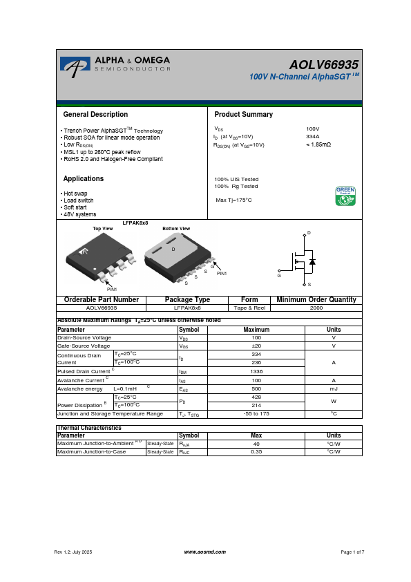 AOLV66935 100V N-Channel MOSFET by Alpha & Omega Semiconductors - Datasheet Preview