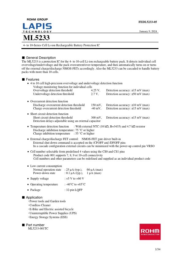 ML5233 Cell Li-ion Rechargeable Battery Protection IC by LAPIS - Datasheet Preview