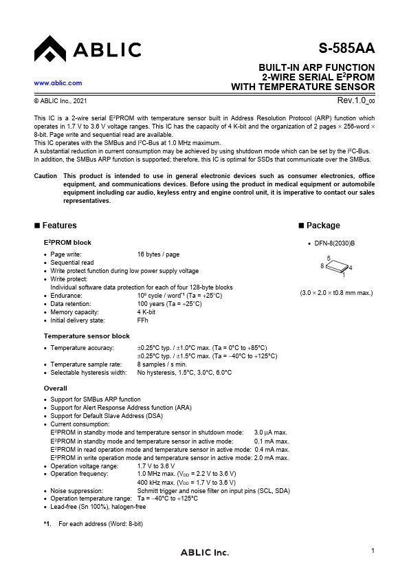S-585AA BUILT-IN ARP FUNCTION 2-WIRE SERIAL E2PROM by ABLIC - Datasheet Preview