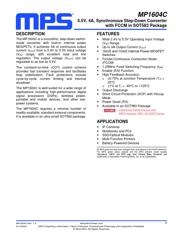 MP1604C 5.5V 4A Synchronous Step-Down Converter by MPS - Datasheet Preview