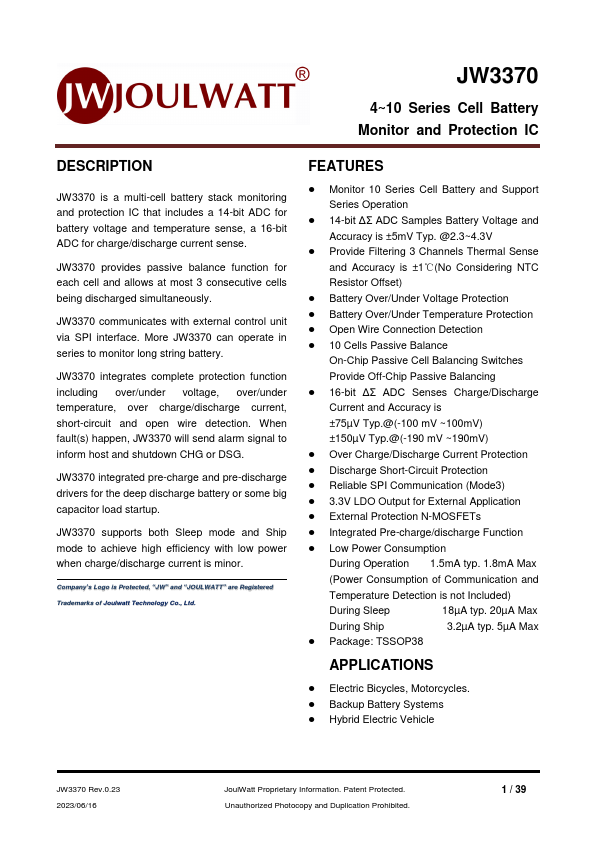 JW3370 4~10 Series Cell Battery Monitor and Protection IC by JoulWatt - Datasheet Preview