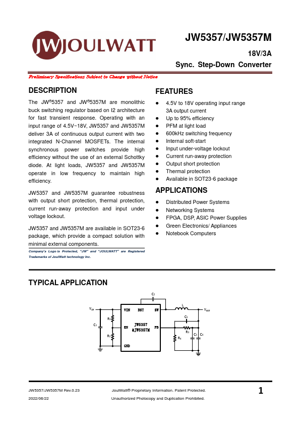 JW5357M 18V/3A Sync. Step-Down Converter by JoulWatt - Datasheet Preview